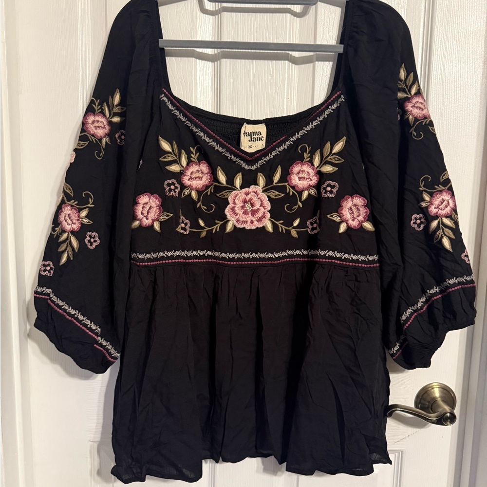 Savanna Jane Black Blouse with Pink Floral Embroidery